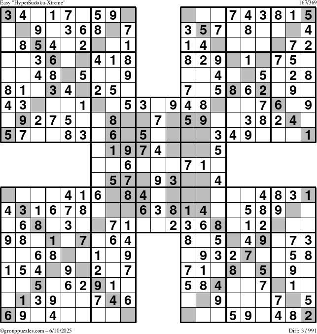 The grouppuzzles.com Easy HyperSudoku-Xtreme puzzle for Tuesday June 10, 2025