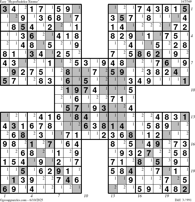 The grouppuzzles.com Easy HyperSudoku-Xtreme puzzle for Tuesday June 10, 2025 with all 3 steps marked