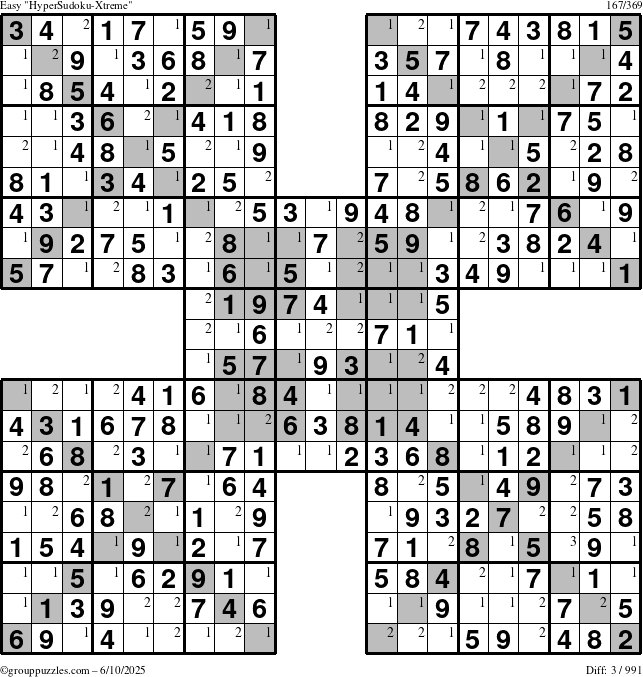 The grouppuzzles.com Easy HyperSudoku-Xtreme puzzle for Tuesday June 10, 2025 with the first 3 steps marked