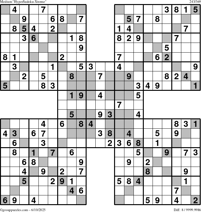 The grouppuzzles.com Medium HyperSudoku-Xtreme puzzle for Tuesday June 10, 2025