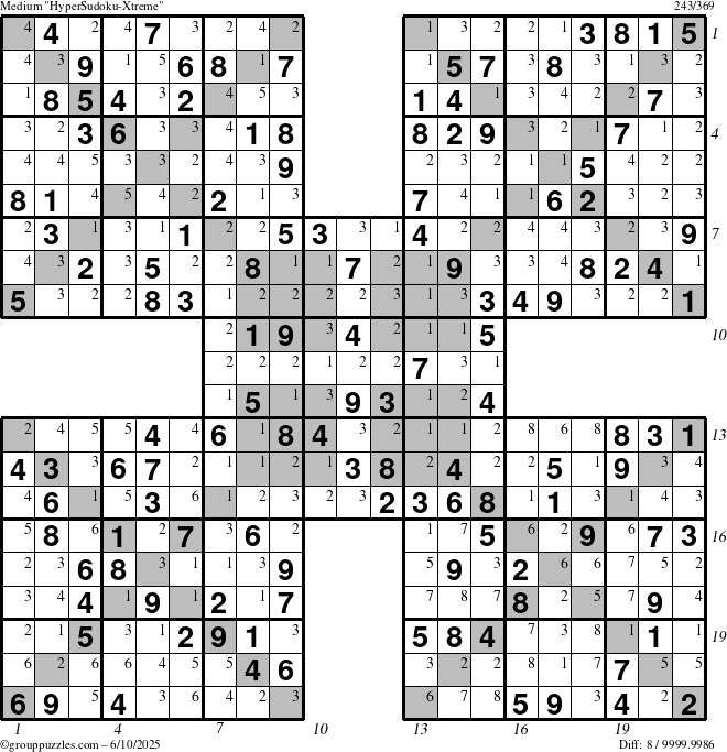 The grouppuzzles.com Medium HyperSudoku-Xtreme puzzle for Tuesday June 10, 2025 with all 8 steps marked