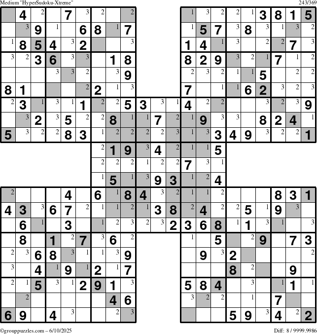 The grouppuzzles.com Medium HyperSudoku-Xtreme puzzle for Tuesday June 10, 2025 with the first 3 steps marked