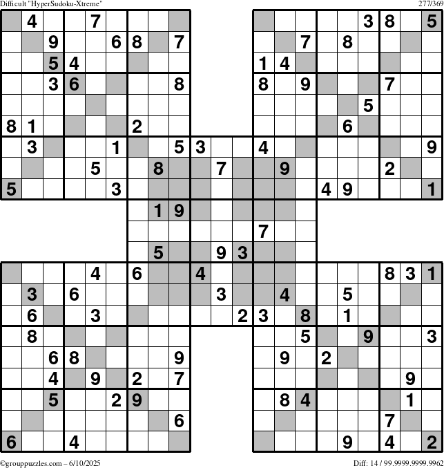 The grouppuzzles.com Difficult HyperSudoku-Xtreme puzzle for Tuesday June 10, 2025