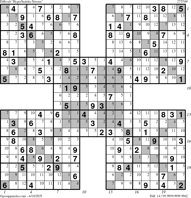 The grouppuzzles.com Difficult HyperSudoku-Xtreme puzzle for Tuesday June 10, 2025 with all 14 steps marked