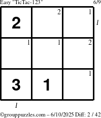 The grouppuzzles.com Easy TicTac-123 puzzle for Tuesday June 10, 2025 with all 2 steps marked