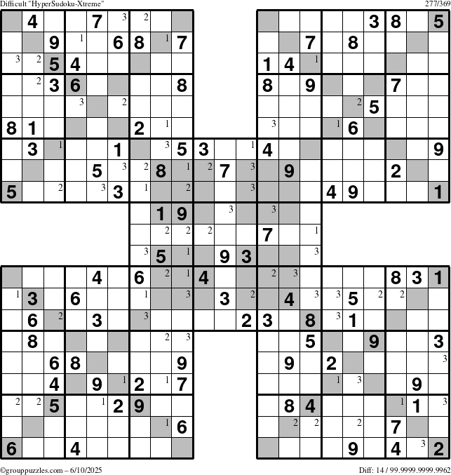 The grouppuzzles.com Difficult HyperSudoku-Xtreme puzzle for Tuesday June 10, 2025 with the first 3 steps marked