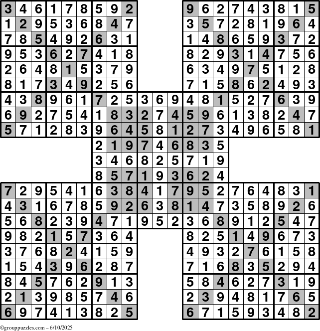 The grouppuzzles.com Answer grid for the HyperSudoku-Xtreme puzzle for Tuesday June 10, 2025