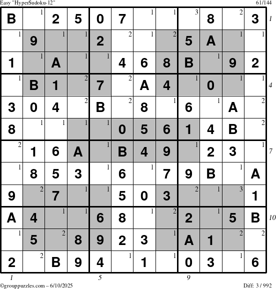 The grouppuzzles.com Easy HyperSudoku-12 puzzle for Tuesday June 10, 2025 with all 3 steps marked