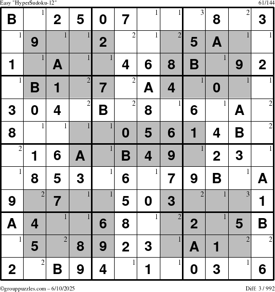 The grouppuzzles.com Easy HyperSudoku-12 puzzle for Tuesday June 10, 2025 with the first 3 steps marked