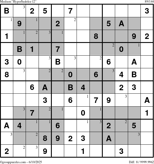 The grouppuzzles.com Medium HyperSudoku-12 puzzle for Tuesday June 10, 2025 with the first 3 steps marked