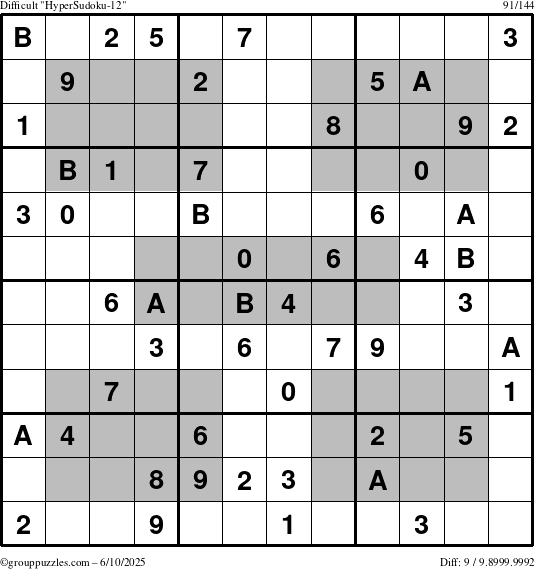 The grouppuzzles.com Difficult HyperSudoku-12 puzzle for Tuesday June 10, 2025