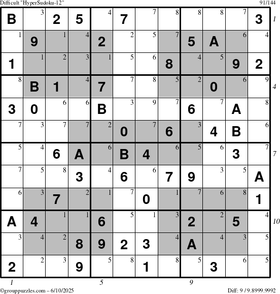 The grouppuzzles.com Difficult HyperSudoku-12 puzzle for Tuesday June 10, 2025 with all 9 steps marked