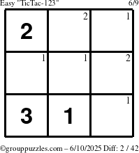 The grouppuzzles.com Easy TicTac-123 puzzle for Tuesday June 10, 2025 with the first 2 steps marked