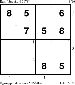 The grouppuzzles.com Easy Sudoku-4-5678 puzzle for Friday May 15, 2026 with all 2 steps marked