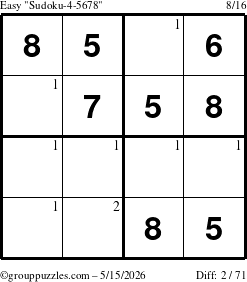 The grouppuzzles.com Easy Sudoku-4-5678 puzzle for Friday May 15, 2026 with the first 2 steps marked