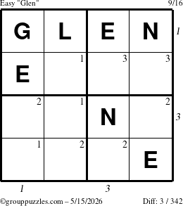 The grouppuzzles.com Easy Glen puzzle for Friday May 15, 2026 with all 3 steps marked