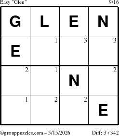 The grouppuzzles.com Easy Glen puzzle for Friday May 15, 2026 with the first 3 steps marked