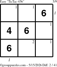 The grouppuzzles.com Easy TicTac-456 puzzle for Friday May 15, 2026 with all 2 steps marked