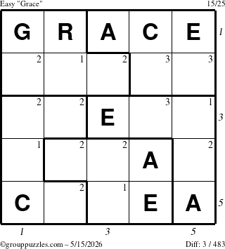 The grouppuzzles.com Easy Grace puzzle for Friday May 15, 2026, suitable for printing, with all 3 steps marked