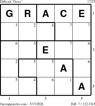 The grouppuzzles.com Difficult Grace puzzle for Friday May 15, 2026, suitable for printing, with all 7 steps marked