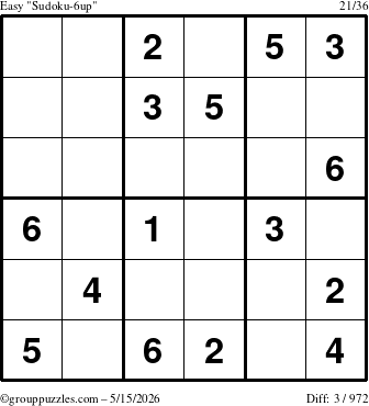 The grouppuzzles.com Easy Sudoku-6up puzzle for Friday May 15, 2026