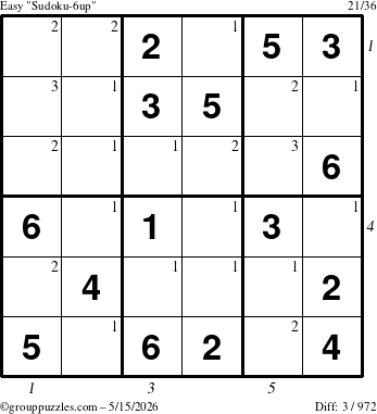 The grouppuzzles.com Easy Sudoku-6up puzzle for Friday May 15, 2026, suitable for printing, with all 3 steps marked