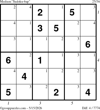 The grouppuzzles.com Medium Sudoku-6up puzzle for Friday May 15, 2026 with all 4 steps marked