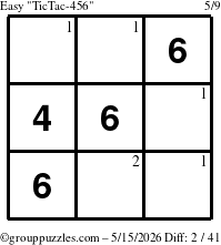 The grouppuzzles.com Easy TicTac-456 puzzle for Friday May 15, 2026 with the first 2 steps marked