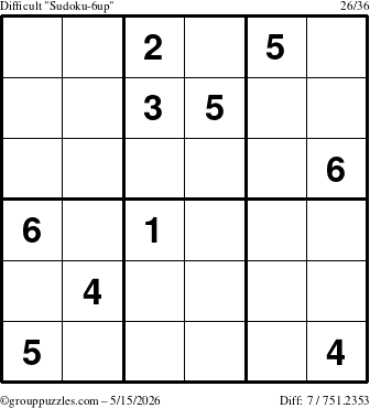 The grouppuzzles.com Difficult Sudoku-6up puzzle for Friday May 15, 2026