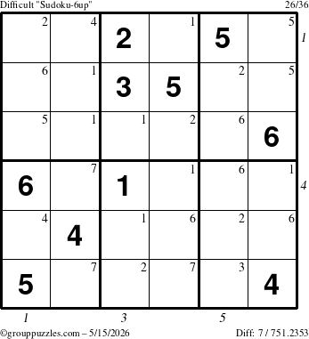 The grouppuzzles.com Difficult Sudoku-6up puzzle for Friday May 15, 2026 with all 7 steps marked