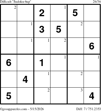 The grouppuzzles.com Difficult Sudoku-6up puzzle for Friday May 15, 2026 with the first 3 steps marked
