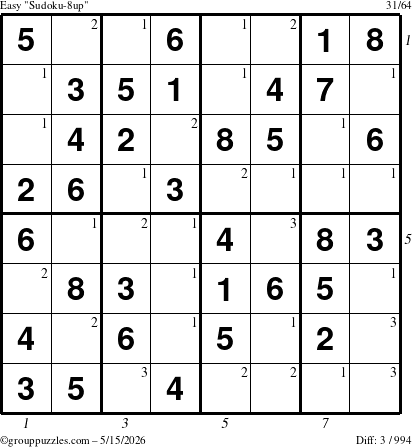 The grouppuzzles.com Easy Sudoku-8up puzzle for Friday May 15, 2026, suitable for printing, with all 3 steps marked