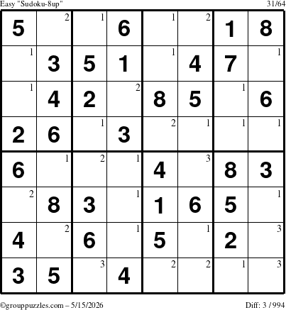 The grouppuzzles.com Easy Sudoku-8up puzzle for Friday May 15, 2026 with the first 3 steps marked