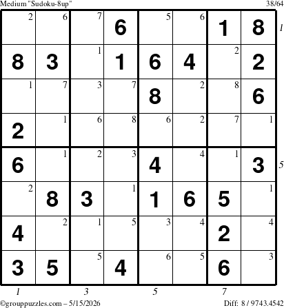 The grouppuzzles.com Medium Sudoku-8up puzzle for Friday May 15, 2026 with all 8 steps marked