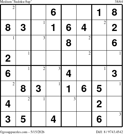 The grouppuzzles.com Medium Sudoku-8up puzzle for Friday May 15, 2026 with the first 3 steps marked