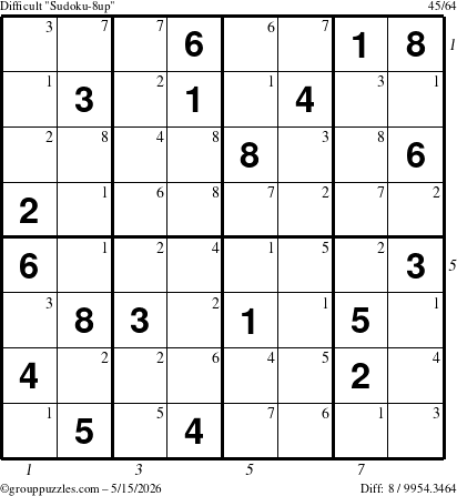 The grouppuzzles.com Difficult Sudoku-8up puzzle for Friday May 15, 2026, suitable for printing, with all 8 steps marked