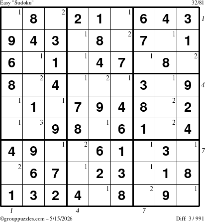 The grouppuzzles.com Easy Sudoku puzzle for Friday May 15, 2026 with all 3 steps marked