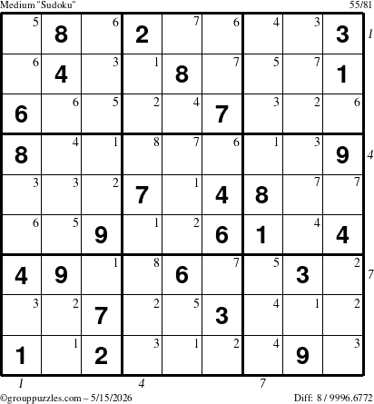 The grouppuzzles.com Medium Sudoku puzzle for Friday May 15, 2026, suitable for printing, with all 8 steps marked