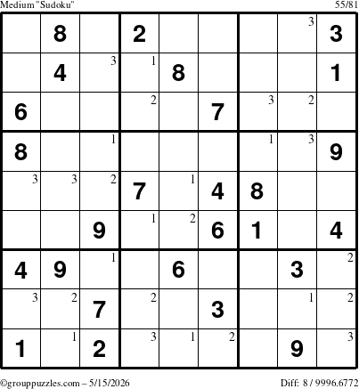 The grouppuzzles.com Medium Sudoku puzzle for Friday May 15, 2026 with the first 3 steps marked