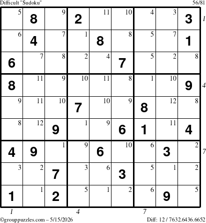 The grouppuzzles.com Difficult Sudoku puzzle for Friday May 15, 2026, suitable for printing, with all 12 steps marked
