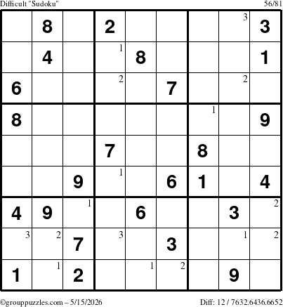 The grouppuzzles.com Difficult Sudoku puzzle for Friday May 15, 2026 with the first 3 steps marked
