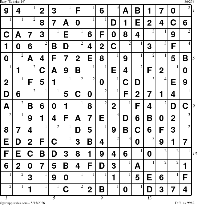 The grouppuzzles.com Easy Sudoku-16 puzzle for Friday May 15, 2026, suitable for printing, with all 4 steps marked