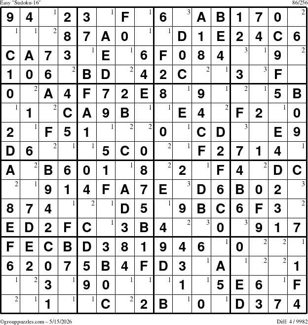 The grouppuzzles.com Easy Sudoku-16 puzzle for Friday May 15, 2026 with the first 3 steps marked
