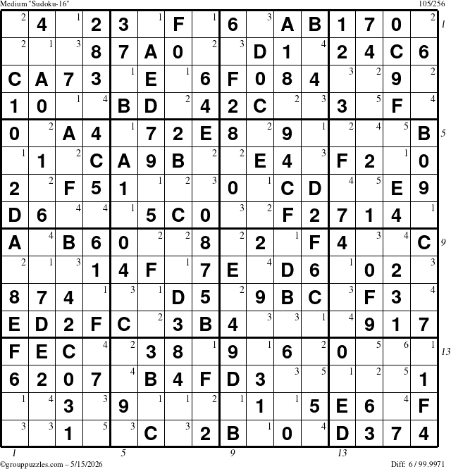 The grouppuzzles.com Medium Sudoku-16 puzzle for Friday May 15, 2026 with all 6 steps marked