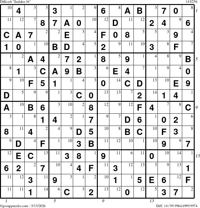 The grouppuzzles.com Difficult Sudoku-16 puzzle for Friday May 15, 2026 with all 14 steps marked