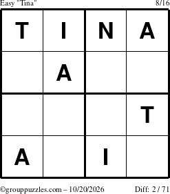 The grouppuzzles.com Easy Tina puzzle for Tuesday October 20, 2026
