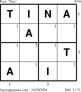The grouppuzzles.com Easy Tina puzzle for Tuesday October 20, 2026, suitable for printing, with all 2 steps marked