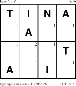 The grouppuzzles.com Easy Tina puzzle for Tuesday October 20, 2026 with the first 2 steps marked