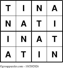 The grouppuzzles.com Answer grid for the Tina puzzle for Tuesday October 20, 2026