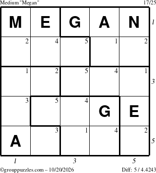 The grouppuzzles.com Medium Megan puzzle for Tuesday October 20, 2026, suitable for printing, with all 5 steps marked
